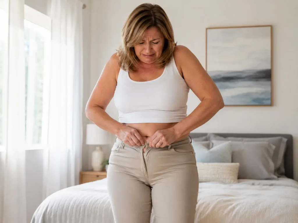 woman struggling with weight gain and clothes that no longer fit after 40