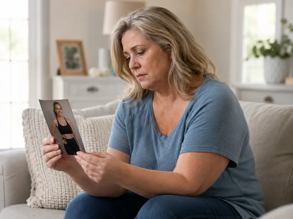 woman looking at old photo of herself feeling discouraged after years of failed weight loss attempts